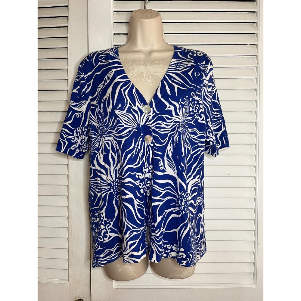 Chicos Blue White Floral Knit Button Front Cardigan Top Size 2 Large